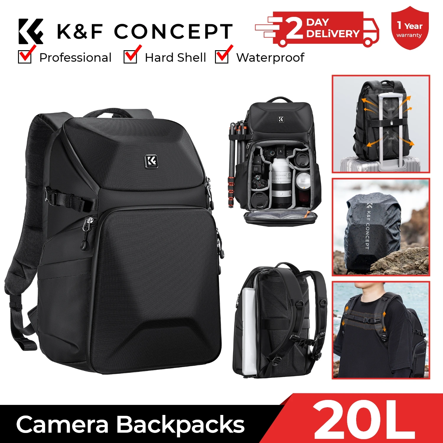 Camera Bag Waterproof - กระเป๋าเป้สะพายหลังสำหรับกล้องถ่ายรูป K&F CONCEPT 20 ลิตร กันน้ำ