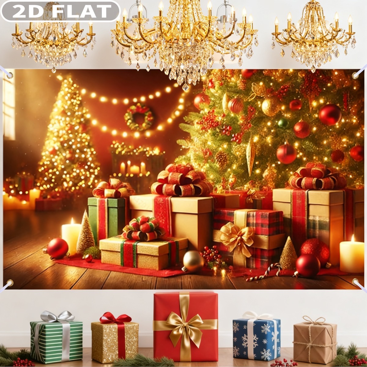Photography Background - แบนเนอร์คริสต์มาสขนาดใหญ่ 1 ชิ้น ลายต้นคริสต์มาสและของขวัญ ขนาด 71x43
