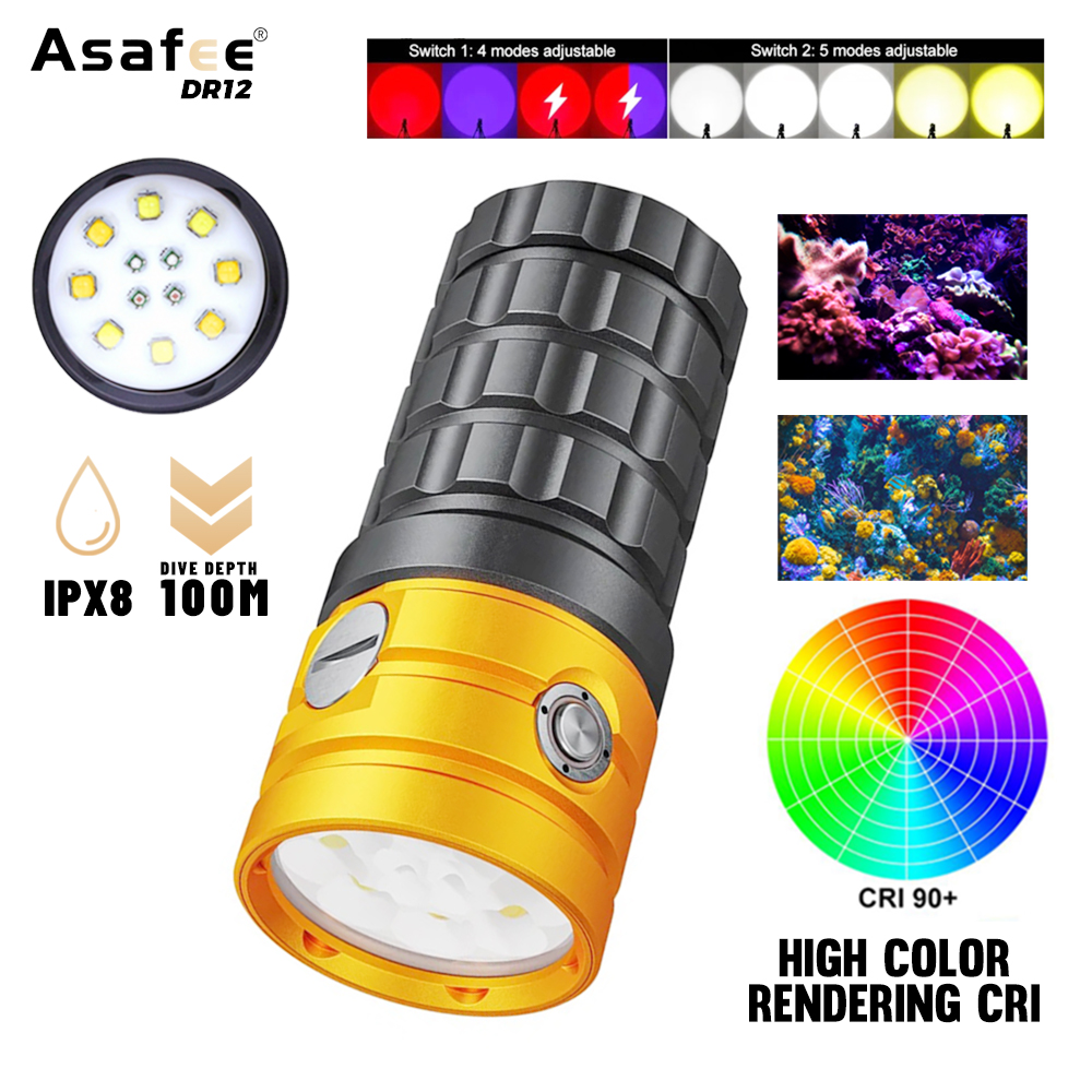 Photography Yellow Light - Asafee ไฟฉายดำน้ำ LED แบบมืออาชีพ, 25000LM DR12กันน้ำสีแดงสีน้ำเงินสีขาวอบอุ่นใต้น้ำสำหรับถ่ายภาพวิดีโอไฟฉาย